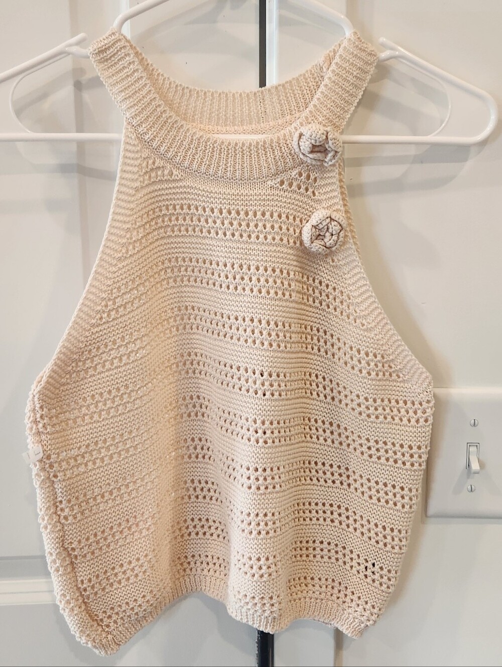 SHEIN Cream Crochet Halter Tank with Button Accents